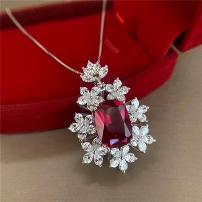 Red ruby /White Zirconia Necklace for Women labcreated Luxury Bridal party - Image 1 of 4