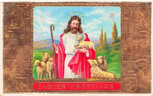 VINTAGE RELIGIOUS EASTER POSTCARD JESUS WITH LAMBS GILDED 1913 040825 U - Picture 1 of 2