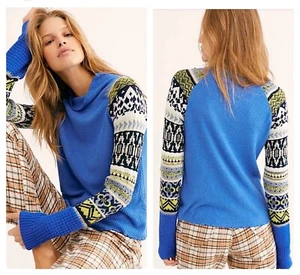 FREE PEOPLE Mock Neck Crochet Sweater Prism Too Tee Long Sleeve Blue Bell Sz SP - Picture 1 of 9