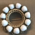 Vintage Brooch Signed Miriam Haskell White Milk Glass Gold Tone Scrolls