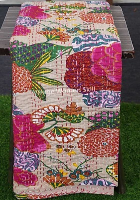 Indian Kantha Handmade Cotton Quilt Throw Bedspread Blanket floral bedcover - Image 1 of 3