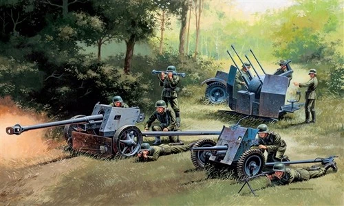 WWII German Guns Set with 8 figures PAK35 PAK40 FLACK38 Plastic Kit 1:72 Model - Immagine 1 di 1