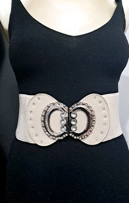 Elegante Cinturón Cintura Ancha Crema con Elástico, Doble Anillo Estrás Hebilla (S-XL) Foto 1 de 4