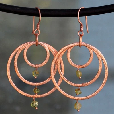 Beaded Peridot Ethnic Copper Plated Earrings Handmade Jewelry Size 2.7" GW - Image 1 of 3