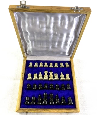 Chess Set Wooden Stone Hand Carved Marble Pieces Inlay Base 8" - Image 1 of 4