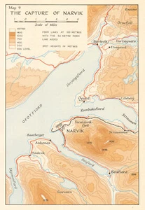 2. Weltkrieg Norwegen Feldzug. Eroberung von Narvik 1940. Karte der deutschen Invasion 1952 - Bild 1 von 2