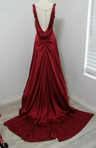 Vintage Cherry Red Bias Cut Low Back Crystal Ruched Formal Gown Huge Train - Picture 1 of 21