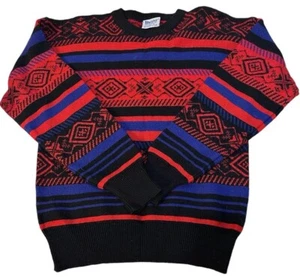 Meister 80s Vintage Wool Sweater Mens Size L Aztec Red Blue Black - Picture 1 of 6