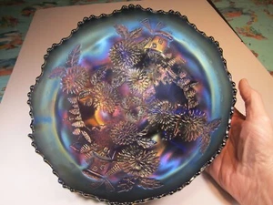 OLD FENTON “CHRYSANTHEMUM” ELECTRIC BLUE LARGE 3 Ball Ftd. Carnival Glass Bowl - Picture 1 of 7