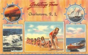CHARLESTOWN, Rhode Island RI   GREETINGS  Girls Playing Leapfrog~Beach  Postcard - Picture 1 of 2
