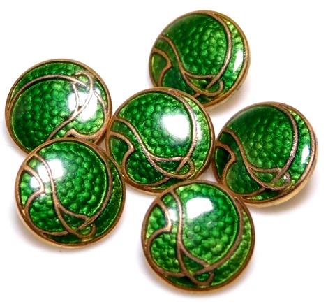 Six Antique 19th C. Basse Taille Enamel Buttons ~ Emerald Green in Copper Cover