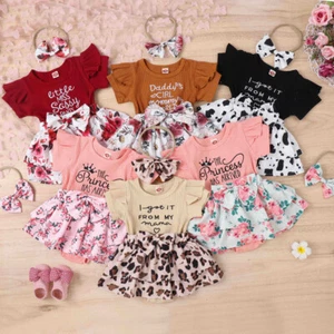 Newborn Baby Girl Floral Ruffle Ribbed Jumpsuit Romper Headband Outfit Dress Set - Picture 1 of 43