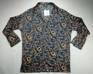 Missguided Chain Print Oversized Plunge Wmns Sz 10 Button Down Long Sleeve Shirt - Picture 1 of 11
