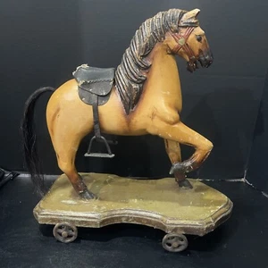 Antique Carved Wooden Horse Pull Toy w/ Leather Saddle & Cast Iron Wheels - Picture 1 of 18