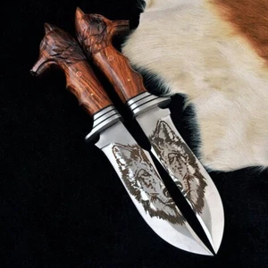 Cuchillo táctico grabado de camping con agarre de lobo de caza hecho a mano personalizado 2 hojas - Imagen 1 de 9