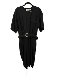 Vintage schwarz LBD Midi Sekretär Gürtel Umschlagkragen Gold Tasche Knie Kleid - Bild 1 von 10