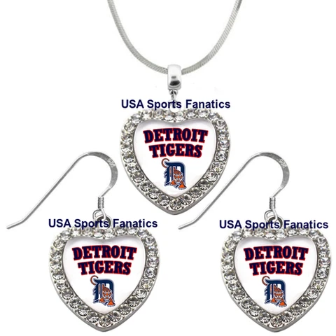 Detroit Tigers 925 Necklace or Earrings or Set Team Heart With Rhinestones Cover