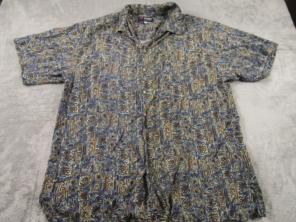 Vintage Guess Shirt Mens XL Blue Geometric Loop Collar Button Up 80s - Image 1 of 4