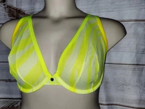 Cacique 38F Bra Underwire Yellow Neon Sexy Unlined Sheer Balconette Stripe - Picture 1 of 12