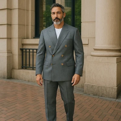 NUEVO Oxxford Ropa Traje Para Hombres 40 R Azul Marino Cuadros Doble Pecho Ghurka Pantalones 32 EE. UU. Foto 1 de 4