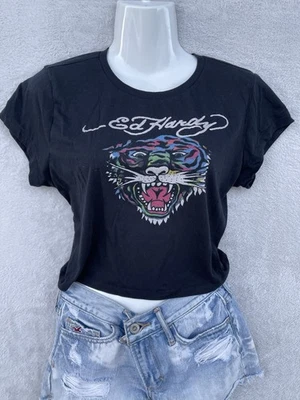 Camiseta corta negra de manga corta Ed Hardy Juniors usada en excelente estado para mujer Y2K grunge talla XL Foto 1 de 4