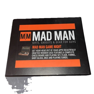 Mad man Game Night Set Wooden Case Chess Flask Funnel Shot Glass Dice Cards - Image 1 of 4