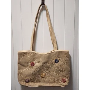 STONE MOUNTAIN KHAKI CANVAS Handbag Purse FLOWERS BEADED PINK BLUE CENTERS - Picture 1 of 12