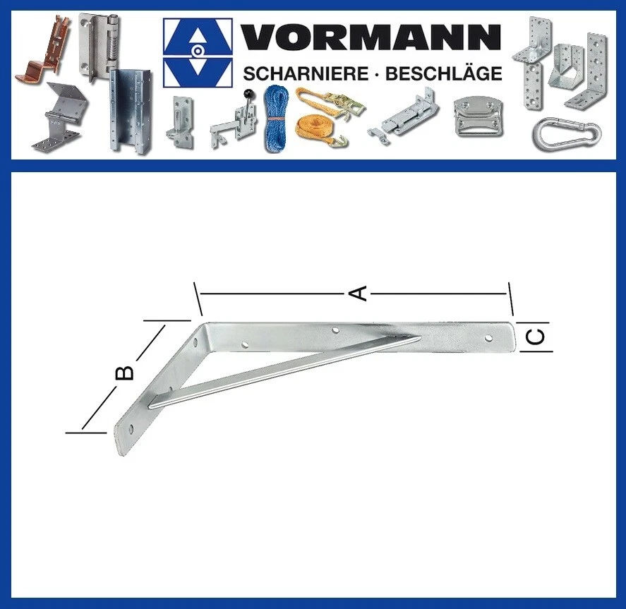 VORMANN Stahl Stegkonsole Länge 300mm Höhe 200mm Breite 30mm Stärke4 mm silber