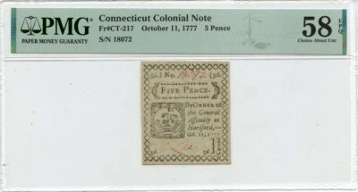 1777 October 11, 5d Connecticut Colonial Note FR#CT-217 PMG AU58 EPQ - Image 1 of 2