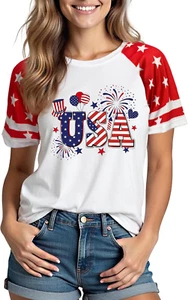 4Th of July Shirts Women:Usa Color-Blocking Short-Sleeve American Flag Crew Neck - Picture 1 of 12