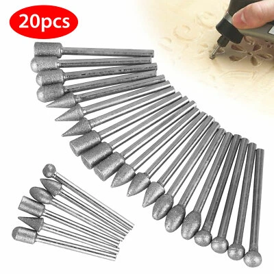 Juego de 20 brocas de rebaba de diamante de 1/8" corte talla rectificado para herramienta giratoria Dremel Foto 1 de 4