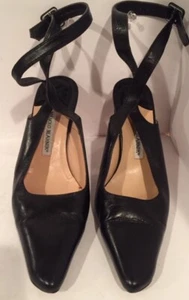 MANOLO BLAHNIK SZ 8 Black Ankle Wrap Strap Heel  Leather  # 1710 - Picture 1 of 6