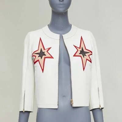 MIU MIU 2011 white lambskin leather red star patchwork crop moto jacket IT40 S - Image 1 of 4
