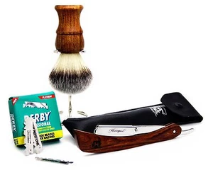 CLASSIC WOOD HANDLE Stainless Steel Professional Barber Straight Edge Razor SET - Picture 1 of 3