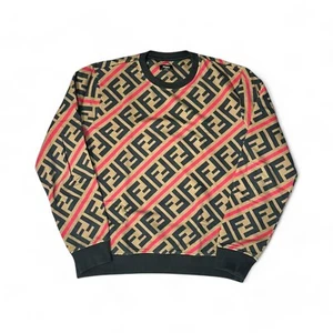 Authentic Fendi Sweatshirt Zucca Monogram Diagonal FF Brown and Red size L - Picture 1 of 14