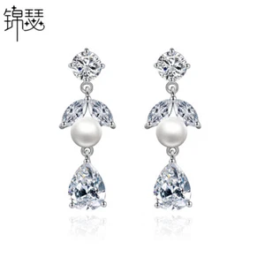 Orecchini donna nicchia geometrica zirconi bianchi perle sposa nuovi placcati oro - Foto 1 di 7