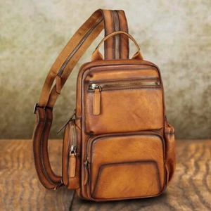 Genuine Leather Large Sling Bag for Men Women Crossbody Bag Sling Backpack Purse - Picture 1 of 16