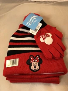 Disney Minnie Mouse Girls 3 Piece Beanie Hat Scarf and Glove Set Red White Black - Picture 1 of 4