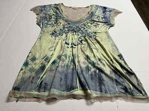 One World womens shirt green and blue studded mesh back size medium - Picture 1 of 5