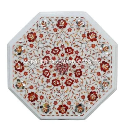Marble Side Coffee Table Set Coral Inlay Gemstone Pietradure Outdoor Decor H1390 - Image 1 of 4