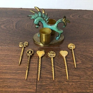 Vintage MCM Brass Stylized Horse Toothpick Holder & 6 Picks ISRAEL 3" - Picture 1 of 6