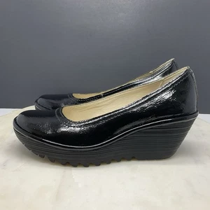 Fly London Yoni Shoes Womens 8-8.5 EU-39 Black Patent Leather Wedge Heel Slip On - Picture 1 of 9