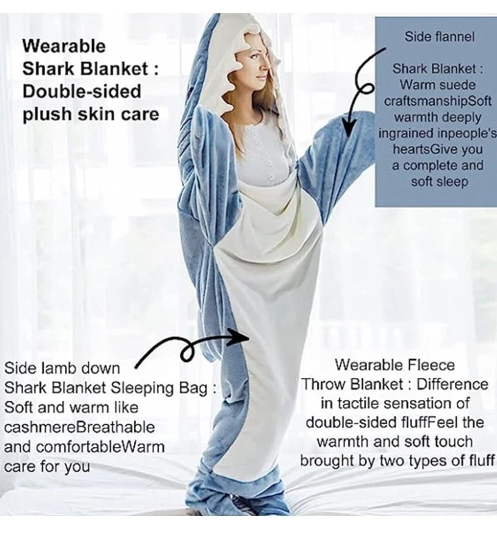 Adult  Shark Blanket Wearable Cosplay Hooded Pajama Home Animal Sleeping - Image 1 of 1