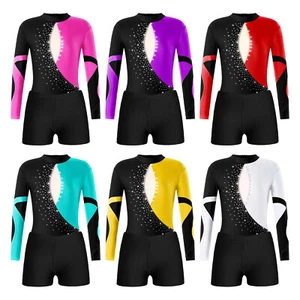 Turnanzug für Mädchen Rückenfrei Langarm Glitzer Ballett Trikot und Shorts Set - Picture 1 of 50