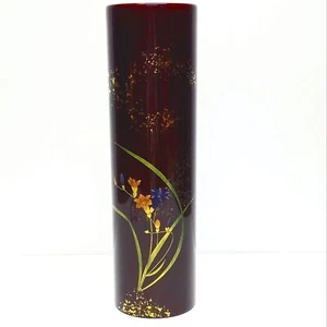 Jarrón japonés Wajima lacado marrón con forma de bambú tema floral vintage - Imagen 1 de 8