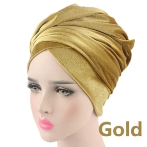 Ladies Velvet Turban Hats Muslim Hijab Bandana Head Wrap Scarf Chemo Cap Indian - Picture 1 of 32