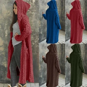 Cárdigan de invierno para mujer con capucha grueso tejido largo abrigo de suéter de gran tamaño para el torso - Imagen 1 de 17