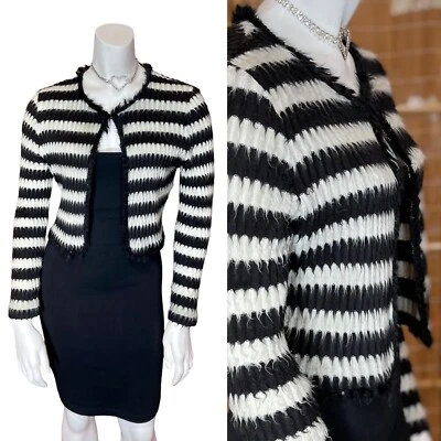 Vintage 90’s FAUX FUR CROPPED CARDIGAN XS Stripe  Wednesday Goth Cosplay Punk - Image 1 of 4