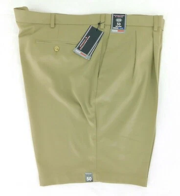全新带标签男式 Roundtree & Yorke 经典合身超细纤维打褶短裤卡其色 Big B52 — 第 1/4 张图片