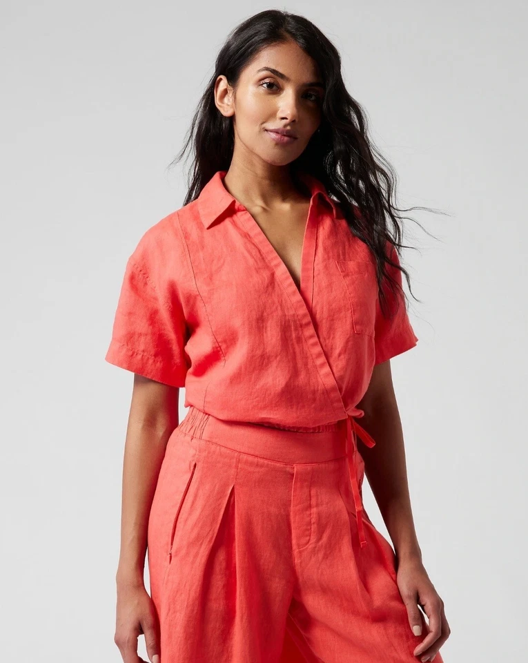 ATHLETA Playa Linen Short Sleeve Wrap Tie Top Coral Size XXL #798892 RT